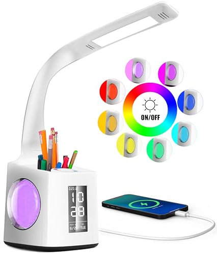 Schreibtischlampe Kinder 7 IN 1 Led Tischleuchte，VAZILLIO 10W Augenschutz Nachttischlampe Dimmbar Stifthalter Tischleuchte mit Lcd Display/kalender/Wecker/USB-Anschluss für kinder