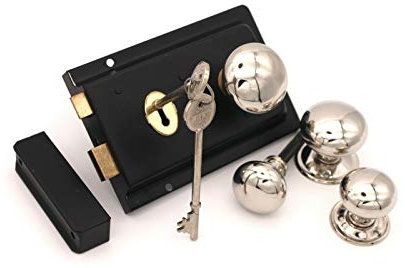 Türknauf im Landhausstil aus poliertem Nickel, mit Schloss im alten viktorianischen Stil, Schwarz