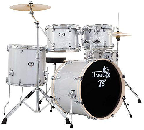 Tamburo T5 Batería acústica con caja de 18 con accesorios de excelente calidad, color plateado.