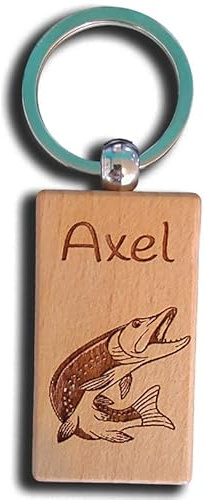 Porte- clés bois exotique gravé personnalisé + pêche poisson brochet carnassier +prénom au choix