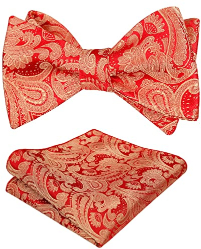 Alizeal Herren Retro Paisley Selbst Fliege und Taschentuch Set, Rot Gold