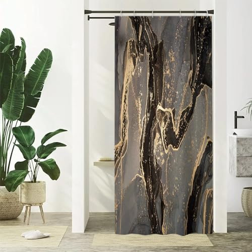 Duschvorhang Shcwarz Gold, Uiiooazy Duschvorhang Schmal 90x180cm Anti Schimmel Marmor Optik Grau Braun Marmoriert Modern Duschvorhänge Stoff Waschbar Wasserdicht Bad Vorhang mit 6 Haken für Badezimmer