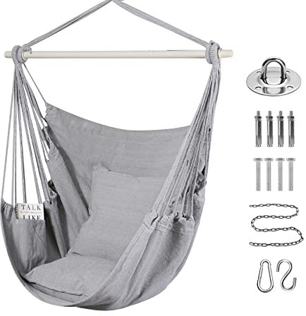 Goutime Chaise balançoire Chaise Grand hamac en Coton Doux avec Deux Coussins Oreiller avec Sac à Main Intérieur/Extérieur/Chambre Terrasse Jardin Balcon, 150kg (Gris)