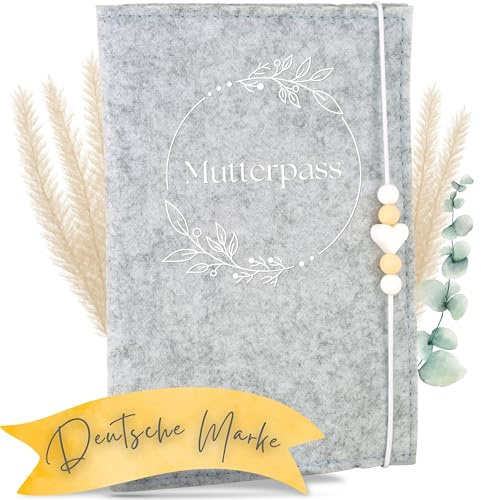 MAHEWA® Premium Mutterpasshülle aus Filz für den Deutschen Mutterpass - mit Fach für Ultraschallbilder und Kärtchen und Stift - Schutzhülle (Mutter-Pass Design 2, Hellgrau)