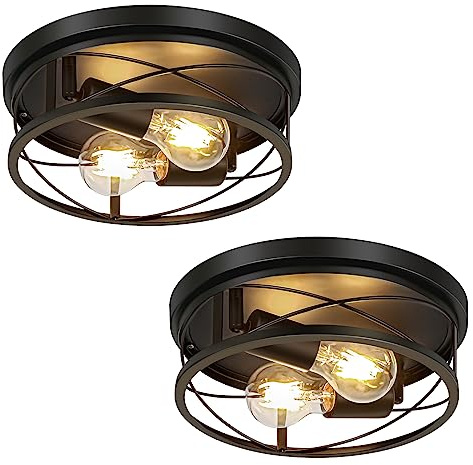 VIOLOEMI Farmhouse Lights,Black Industrial 2 Pack Round Metal Flush Mount Hallway & Bedroom Ceiling Lamp, Kitchen Round Lights (Bulbs Not Included)