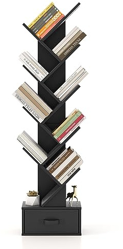 HOMASIS Bibliothèque à Livre en Forme d'arbre en Bois, Etagère de Rangement sur Pied à 10 Niveaux avec Tiroir, Meuble de Rangement pour Chambre, Salon et Bureau (Noir)