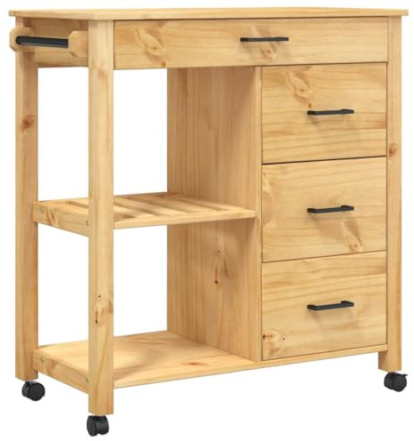 vidaXL Rolling Kitchen Trolley on Wheels - Solid Wood Pine, 4 Drawers, 2 Shelves, Honey Wax Finish, 33.1x15.7x35.4, Multipurpose Cart