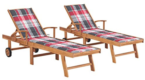 FUDUGEHMIOFWFJJ gartenstühle,relaxsessel,liegestuhl klappbar,Sonnenliegen 2 STK. Auflagen Rotes Karomuster Massivholz TeakGeeignet für Garten, Pooldeck, Terrasse, Wohnzimmer