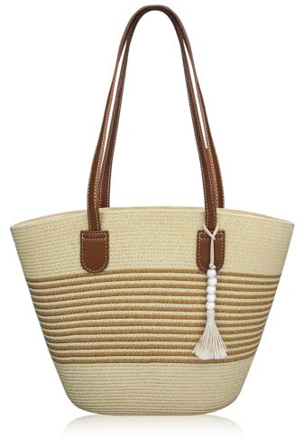 boshiho Stroh Handtasche Damen Große - Strohtasche Umhängetasche Geflochten Beige, Strand Strohtasche Korbtaschen Reißverschluss für Reisen Urlaub, Arbeit, Outdoor, Shopper