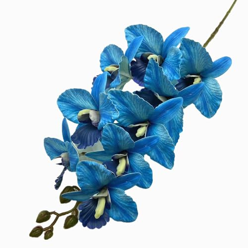 Künstliche Cattleya-Hybrida-Blumenzweige, 9 Köpfe, PU, Cattleya, Cymbidium, Orchidee mit langem Stiel, für Hochzeit, Blumendekoration, Blau, 4 Stück