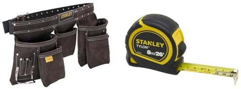 STANLEY Leather Tool Belt Pouch Apron, Multi-Pockets Storage Organiser, Hammer Loop, STST1-80113 & Tylon 8m/26ft Pocket Tape Yellow/Black, 0-30-656