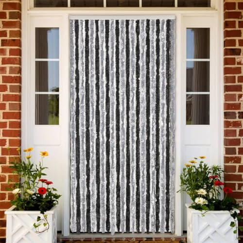 Sufrk Fly Curtain Grey and Black 90x200 cm Chenille,Chain Fly Screens for Doors,Door Fly Screen Curtain for Indoor and Outdoor Use for Keeping Out Flies, Insects, Wasps