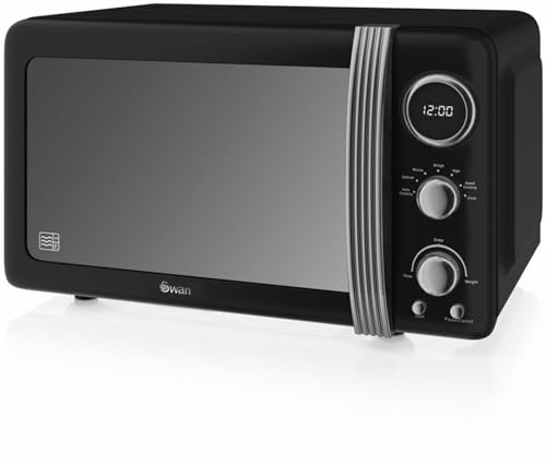 Swan Retro SM22030LBNEU Microondas Digital 20L, 5 Niveles de Potencia, Función Descongelación, Temporizador 60 Minutos, Puerta Espejo, Plato Giratorio 27 cm, Diseño Vintage, Negro, 800W