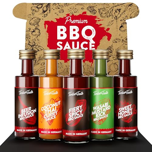 TIMBER TASTE® BBQ Sauce Geschenkset Exotic - 5 Grillsoßen Fiery Spicy Sweet Honey Beer Infusion Wasabi Mustard Coconut Thai | Grillsoßen Saucen Set Männergeschenke Feinkost - Geschenke für Männer