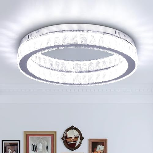 Finktonglan 45 cm Runde Kristall-LED-Deckenleuchte, 48W, 6000K Kaltweiß | Festes 6000K Kaltweiß, nicht dimmbar, K9 Kristall und Edelstahl, flache Deckenlampe für Wohnzimmer, Esszimmer, Küche und Flur