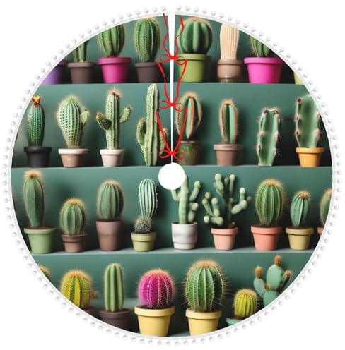 Muchos diseños artísticos de cactus para decoración de árbol de Navidad, falda de árbol de Navidad con ribete de pompones