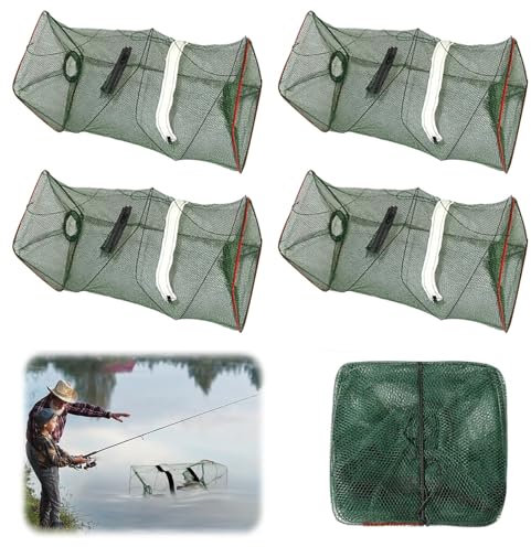 Jortmrd 4 Stück Köder Fischreuse Reuse, 22x22x45cm Faltbar Krebsreuse mit Futterbeutel & Reißverschluss,Setzkescher Geeignet zum Angeln kleiner und mittelgroßer Fische wie Sardine,Krabben, Flusskrebse