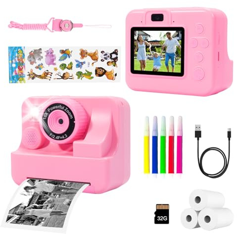 DOBWGXZ Digital Kids Instant Camera - 1080P HD 2.4 Inch Screen Selfie with 32GB Card & 3 Rolls Print Paper (Pink)