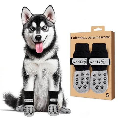 Maisly 5Stück Doppelseitige Anti-Rutsch Hundesocken mit Verstellbaren Riemen für Innen- und Außenbereich - Pfotenschutz und Traktionskontrolle auf Hartholzboden (Schwarz, S)