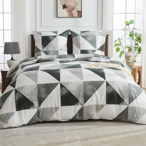 Simple&Opulence Bettwäsche 135x200 cm 2teilig Grau Weiß Geometrische Karo Muster Bettwäsche-Set Warme Mikrofaser Bettbezug mit Reißverschluss und 1 Kissenbezug 80x80 cm