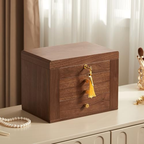 Homruilink Coffret à bijoux en noyer noir, organisateur de bijoux en bois avec 2 portes latérales, miroir et serrure, style classique, pour colliers et bagues, Cadeau de Saint-Valentin - 4 niveaux