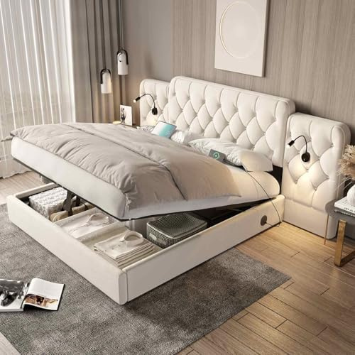YEHTOKHOME Lit Double Moderne rembourré avec liseuse et Port USB, Multifonctionnel lit hydraulique avec Espace de Rangement et sommier à Lattes,Velours(sans Matelas) (Beige 2, 160x200cm)