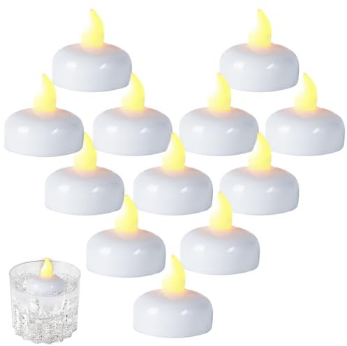 Candele galleggianti a LED senza fiamma, confezione da 12, candele galleggianti senza fiamma con bagliore attivato dall'acqua, maxi per matrimoni, piscine, vasi, luce d'atmosfera romantica (bianco