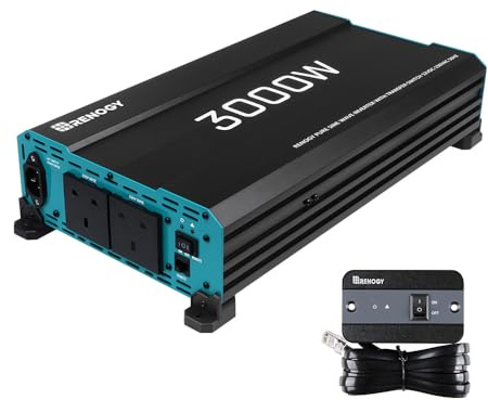 Renogy 3000W Inverter Pure Sine Wave, Inverter 12V DC to 240V AC, 6000W Peak with UK Sockets, Auto Transfer Switch and Remote Controller for Off-grid, RV, Camping, and Home