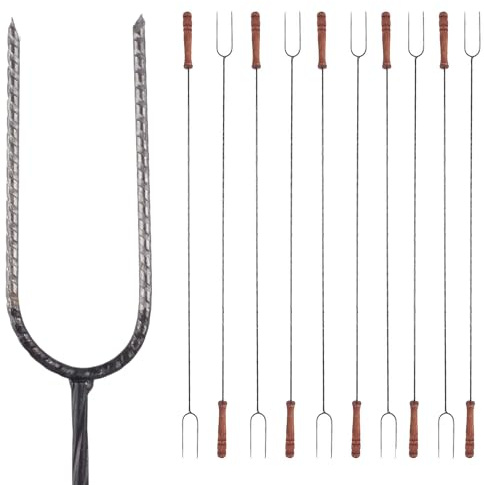 BAUSTER® Grillgabeln 10er Set – Lagerfeuer Spieße mit Holzgriff & schwarzem Stahl – 120 cm – für Würstchen, Stockbrot, Marshmallows