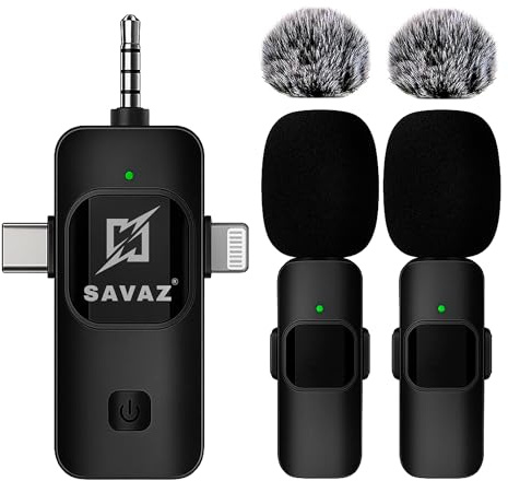 SAVAZ® Kabelloses Mikrofon Plug & Play – kompatibel mit iPhone, Android und Kamera – 360°-Sound, 3-in-1 (USB-C, Lightning, Jack) – für Youtube, TikTok, Interviews