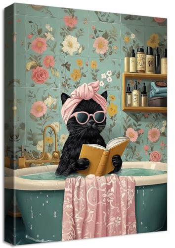 Gatto nero divertente Quadri Moderni Quadro Moderno Carino Gatto Nero Bagno Stampa su Tela Con Cornice Pittura Quadri su tela Decorazioni da Parete Bagno Toilette Camera dei Bambini 30x40cm