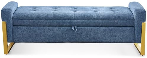 Dunkelblaue Sitzbank mit Stauraum, gepolsterter Leineneingangssitz, knöpfbares Design mit goldfarbenen Metallbeinen, stilvolle Schlafzimmer- oder Wohnzimmermöbel, multifunktionale Bettbank