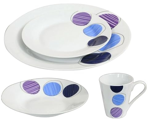 Reldor 16-Piece Round Porcelain Dinner Set for 4– 4 Dinner Plates and Bowls Set with 4 Side Plates & Mugs, Dishwasher Safe, Highly Resistant Dinnerware, Kitchen & Dining, Blue & Purple