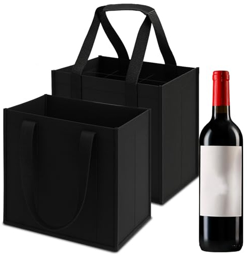 kelav Sac à Porte Bouteille pour 6 Compartiments, 2 Pièces Noir Sac à Bouteilles Vin avec Poignée 27 x 18 x 27CM, Rangement Réutilisable Porte Bouteille pour Shopping Camping Barbecues