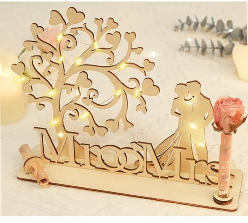 ARTREE Holz Geldgeschenk Hochzeit für Brautpaar – Herz Lebensbaum Hochzeitsgeschenk mit Lichterketten, Romantische Hochzeitsgeschenk mit Mr & Mrs Deko
