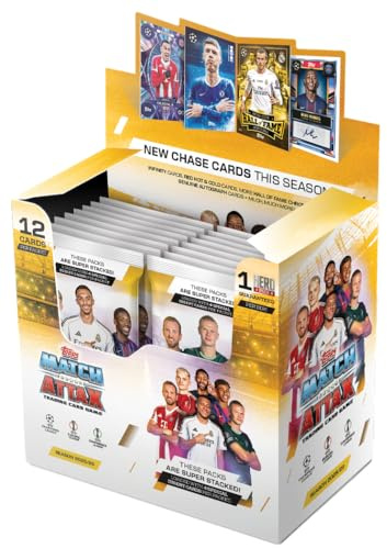 Topps UCC Match Attax 2025/26 – full låda – innehåller 32 paket med 4 speciella infogningskort per paket (12 kort per paket).