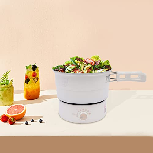 Olla eléctrica con Asas Plegables, sartén Antiadherente, miniolla de 1,6 l/0,42 galones, 500 W, Multifuncional, para Pasta y Avena, con Ajuste de Potencia (Blanca)
