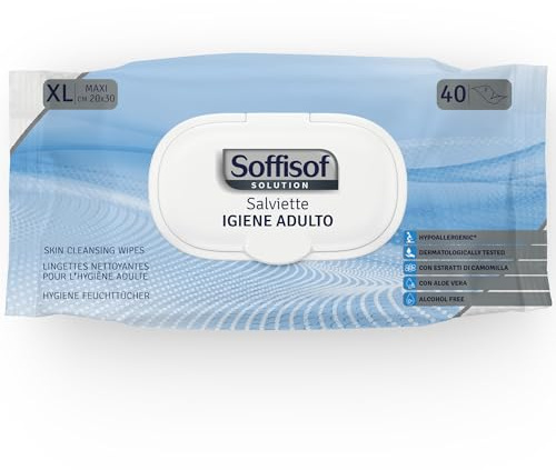 Soffisof Salviette Umidificate per Anziani - 40x Salviette XL 20x30 cm - 1 Confezioni da 40 Salviettine Corpo Senza Risciacquo Adulti e Igiene Intima - Con Coperchio Salva Freschezza