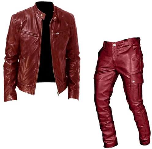 Duohropke Traje de moto para hombre de piel sintética, chaqueta de cuero, pantalones de cuero, traje deportivo, traje de trayecto, juego de dos piezas, patchwork, chaqueta de piloto, pantalón de piel