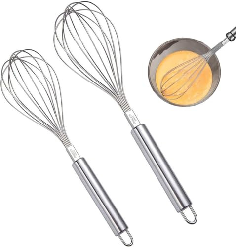 2 Pcs Batidor Manual de Varillas, Acero Inoxidable, Ideal para Repostería y Cocina, Tamaño 25 cm, 30 cm, Mango Ergonómico, Color Plata, Herramienta Profesional de Cocina