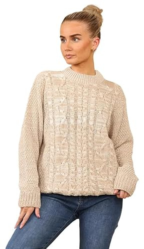 Ladies Cable Knit Jumper – Women’s Chunky Knitted Crew Neck Pullover Sweater, Oversized Warm Vintage Knitwear Top, Soft Long Sleeve Casual Winter Jumper Made in UK (S–L)