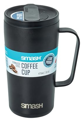 Smash Stainless Steel Brew Travel Coffee Mug with Handle 475ml/16 fl oz | Twist & Lock Lid | Double Wall | Has a Handle