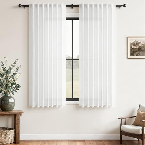 CUTEWIND Vorhang Weiss Leinen Halbtransparent 2er Set Gardinen Schlafzimmer H 145 x B 140 cm, Vorhänge Weiß Leinenoptik Wohnzimmer Modern Curtains for Bedroom, mit verdeckten Schlaufen
