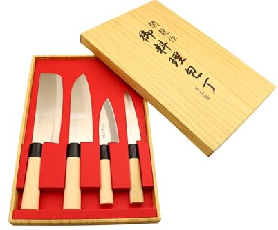 Cocktail7 Coffret de 4 Couteaux de Cuisine Professionnels en Acier Inoxydable Fabriqués au Japon – Nakiri 165mm, Santoku 165mm, Mini Deba 105mm et Utilitaire 120mm