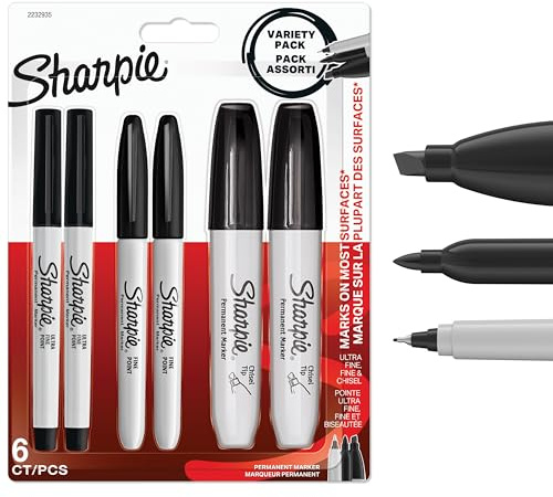 Sharpie Pennarelli Permanenti Confezione Varietà | Punta Ultra Fine, Fine e Scalpello | Inchiostro Nero | Confezione da 6