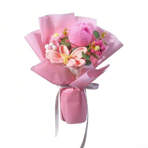 Bouquet fatto a mano all'uncinetto con gigli e tulipani lavorati a maglia, per interni di casa, soggiorno, camera da letto, decorazione da tavolo (rosa)