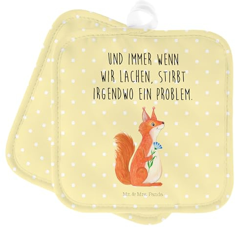 Mr. & Mrs. Panda 2er Set Topflappen Eichhörnchen Blume - Geschenk, Topfhandschuh, Ofenhandschuh, Gute Laune, Topflappen Set, lustige Sprüche,