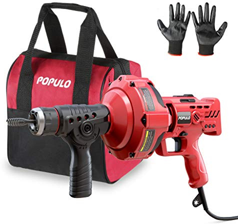 POPULO 120V Auto Feed Drain Auger,23 FT Drain Snake Suitable For 3/4-2 Pipes For Unclogging Sinks,Shower Floor Drain and Outdoor Drain Pipe.Plumbers Snake Cleaner Include Glove,Cloth Bag