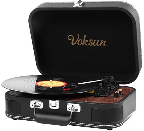 VOKSUN Plattenspieler, tragbarer Bluetooth-Plattenspieler aus Vinyl mit integrierten Stereo-Lautsprechern, unterstützt Vinyl zu MP3-Aufnahmen（UK,benötigen Sie einen Steckeradapter von UK auf EU）