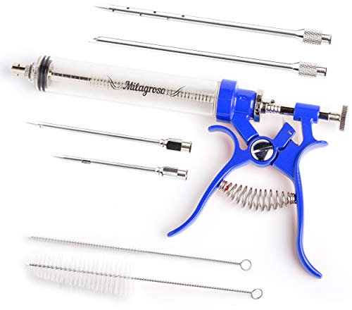 Meat Injector Marinade Gun Stainless Steel Outdoor Kit Flavor Food Syringes & 4 Marinades Needles for BBQ Grill Smoker Injectors Professional Syringe Held Culinary Barbecue Tool (Blue)
